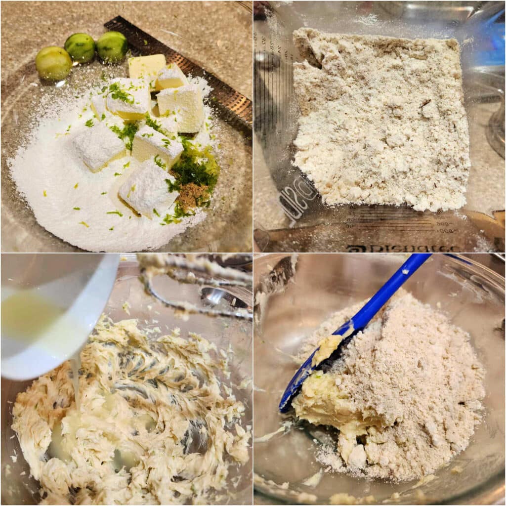 A collage of four images showing how to make the dough for wedding cookies. 1)butter, sugar, key lime zest, ginger, and salt in a glass mixing bowl. 2)Flour and pecans ground together in a blender jar. 3)The butter mixture all creamed together. 4)The flour/pecan mixture added to the bowl of creamed butter.