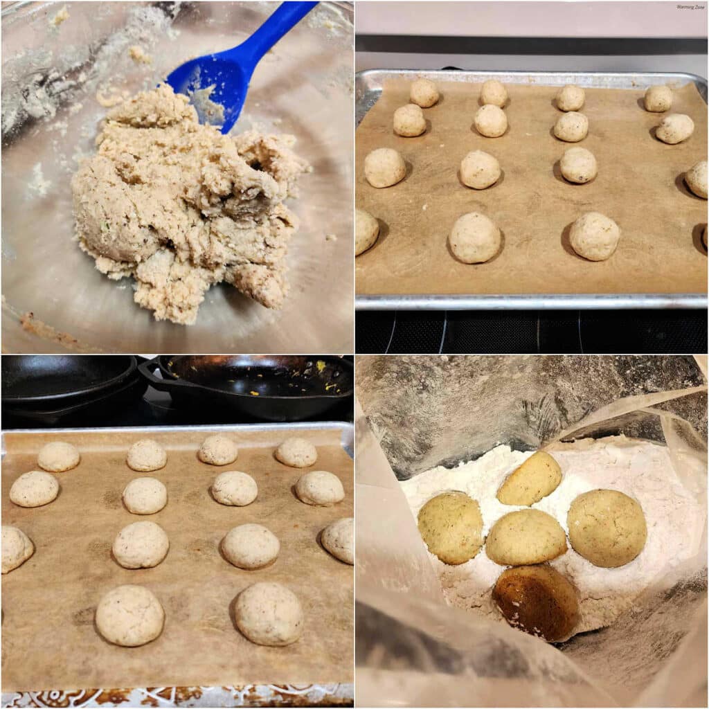 A collage of 4 images showing the mixed snowball cookie dough, balls of dough on a sheetpan, the baked cookies, and the cookies in a large plastic bag filled with spiced powdered sugar.