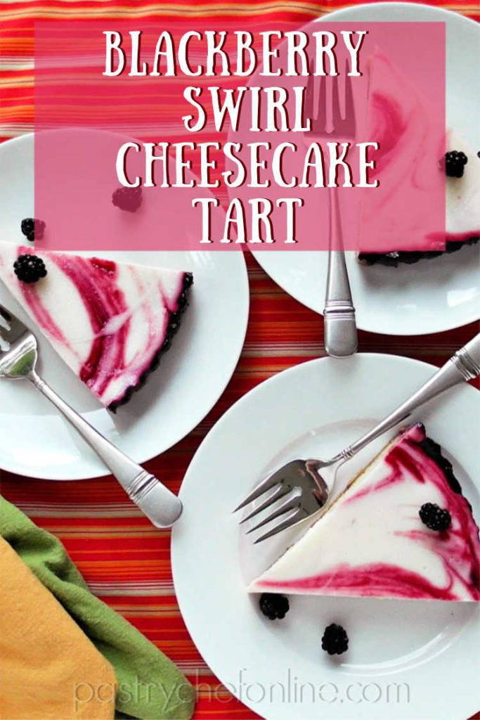 3 pieces of cheesecake tart on 3 plates. text reads "blackberry swirl cheesecake tart"