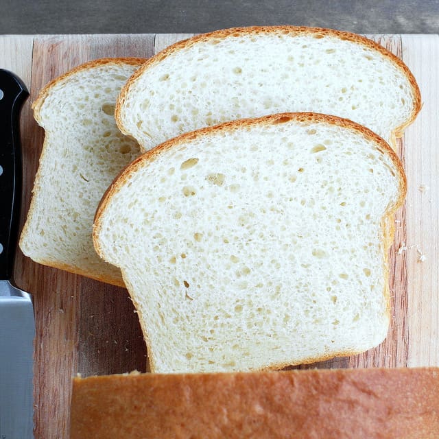 overhead shot of sliced tangzhong bread showing the tight crumb