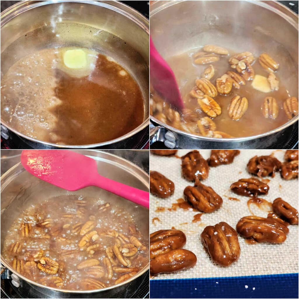 A collage of 4 images. 1)Maple syrup and butter in a pan starting to boil. 2)Stirring pecans into the boiling syrup. 3)The maple mixture thickening and boiling with the nuts in the pan. 4)The finished nuts, all shiny with maple glaze with specks of finishing salt on top, spread on a silicone mat to cool and harden.