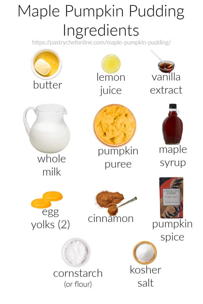 All the ingredients needed to make maple pumpkin pudding: butter, lemon juice, vanilla extract, whole milk, pumpkin puree, maple syrup, egg yolks (2), cinnamon, pumpkin spice, cornstarch (or flour), and kosher salt.