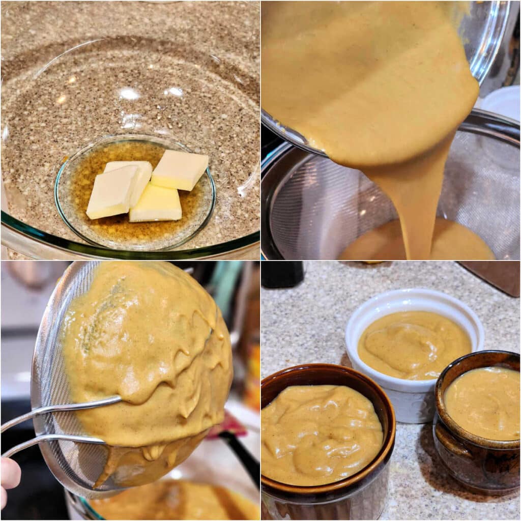 A collage of 4 images showing how to finish the pudding. 1)Butter, lemon juice, and vanilla in a glass bowl. 2)The pudding pouring from the pot through a fine-mesh strainer into the bowl with butter and flavorings. 3)A shot of the back of the strainer showing all the pudding clinging to it. 4)3 small dishes of pumpkin pudding.