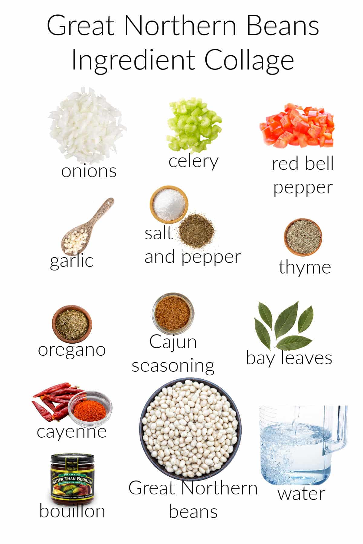 A collage of ingredients for making Great Northern beans.
