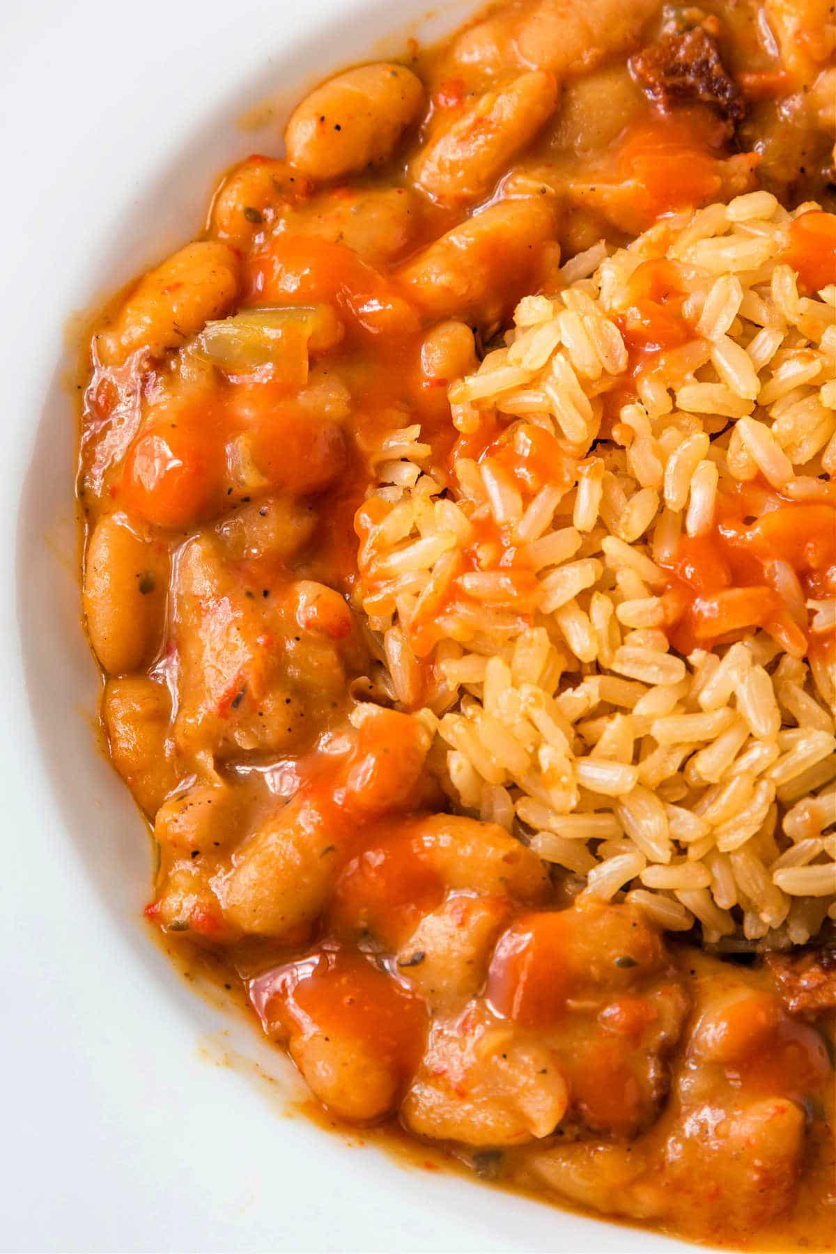 A bowl of brown rice in the center and seasoned Great Northern Beans around the sides.