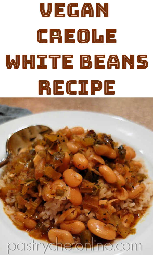 plate of vegan white beans over rice text reads "Vegan Creole White Beans Recipe"