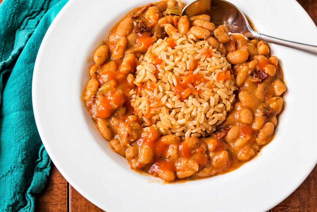 A bowl of rice and beans.