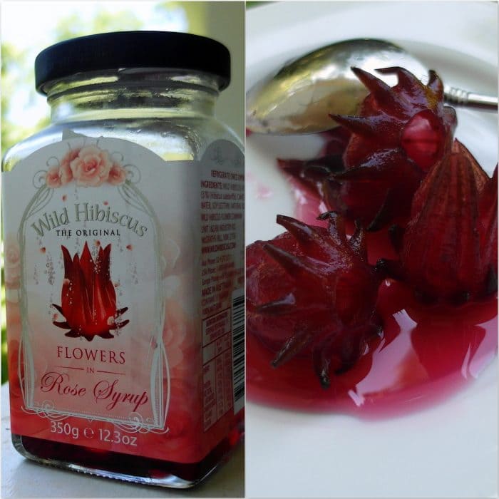 Jar of hibiscus flowers in rose syrup