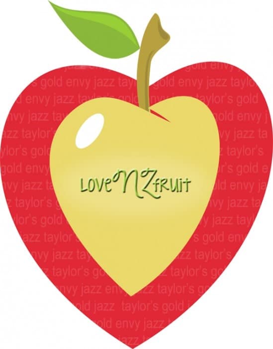 Clip art of a red apple with a beige center. words in red heart shaped apple image say "jazz taylor's gold" and in the center of this is a beige center says "LoveNZFruit".