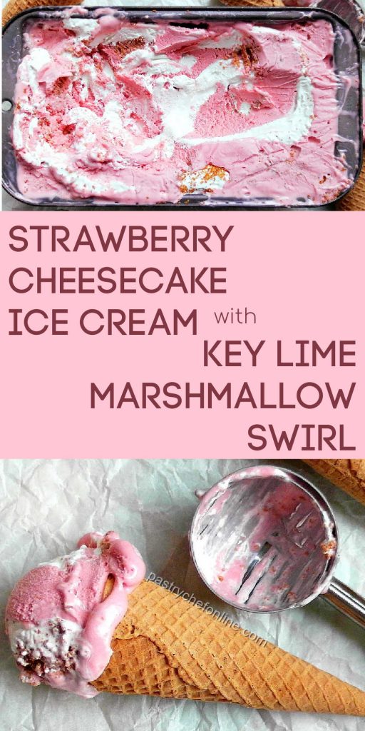 2 images of ice cream text reads "strawberry cheesecake ice cream with key lime marshmallow swirl"