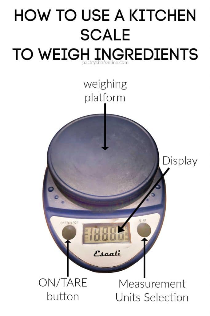 An image of a dark blue scale with the parts labeled. Text reads, "how to use a kitchen scale to weigh ingredients."