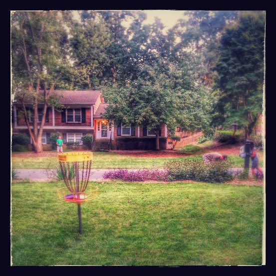 A Frisbee golf goal on a green lawn with people and a house in the background.