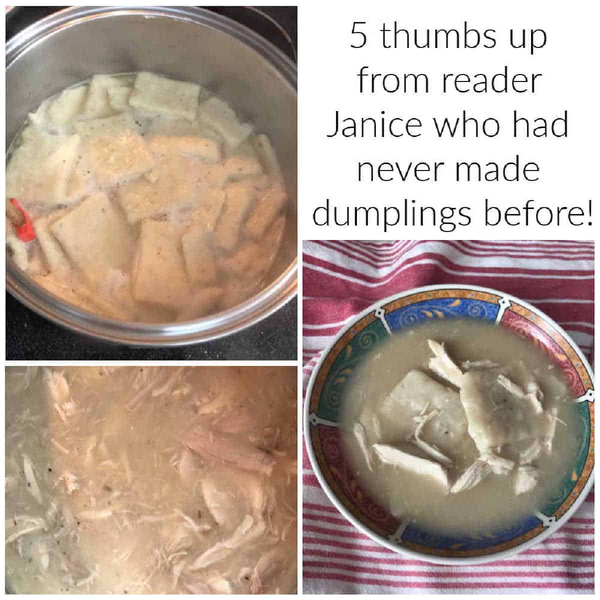 A collage of 3 images and 1 block of text. The first image is a lot of rectangular flat dumplings in a pot of broth. The next is a closeup of dumplings and chicken in the broth, and the third is chicken and flat dumplings in a bowl. Text reads "5 thumbs up from reader janice who had never made dumplings before!"