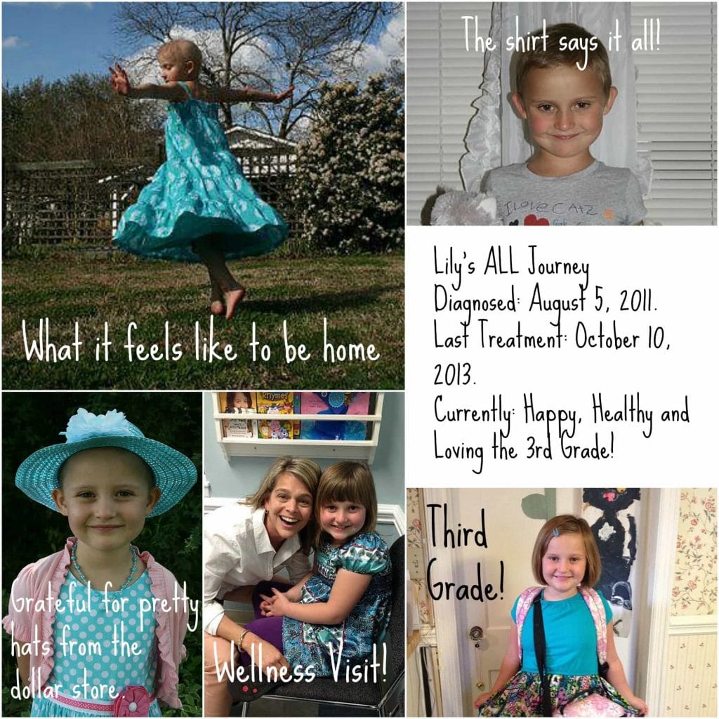 Collage of photos of Lily. Text reads "Lily's ALL Journey Diagnosed: August 5, 2011. Last Treatment: October 10, 2013. Currently: Happy, Healthy  and Loving the 3rd Grade!.