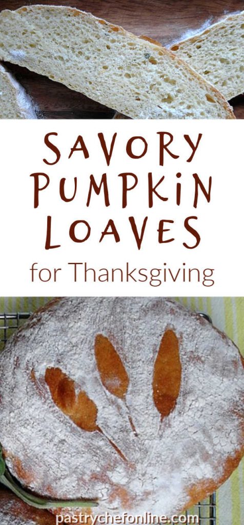 image of a whole loaf of pumpkin bread and a sliced loaf text reads "savory pumpkin loaves for Thanksgiving"