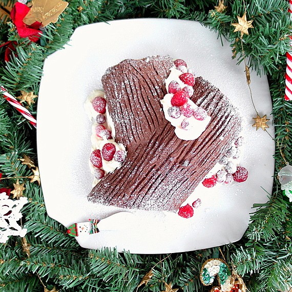 Chocolate buche de noel overhead shot with whipped cream and berries on a white platter surrounded by greenery.
