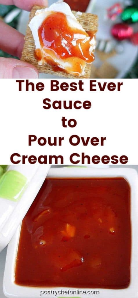 vertical pin image for the best sauce to pour over cream cheese