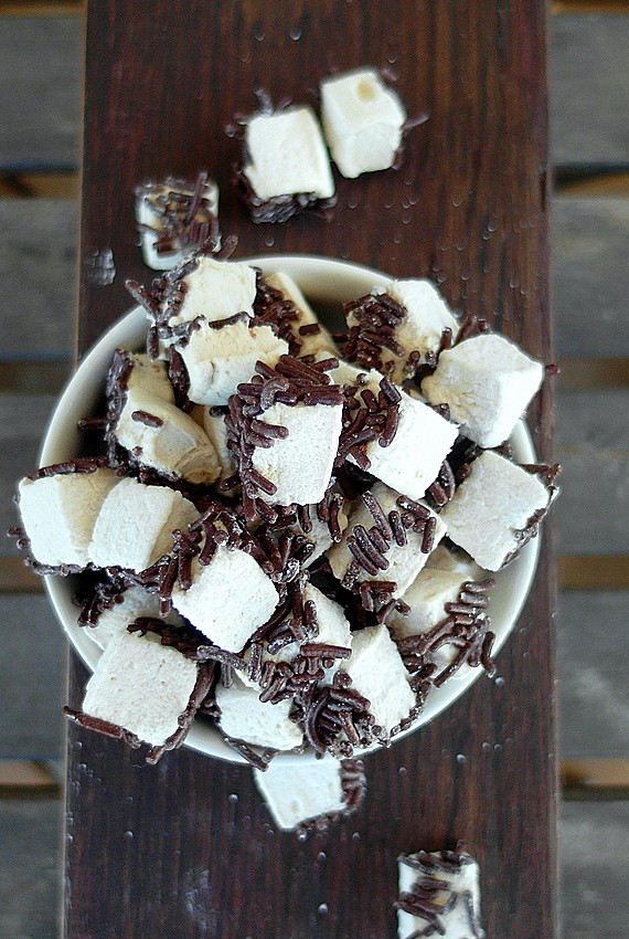 square homemade mini marshmallows with chocolate sprinkles