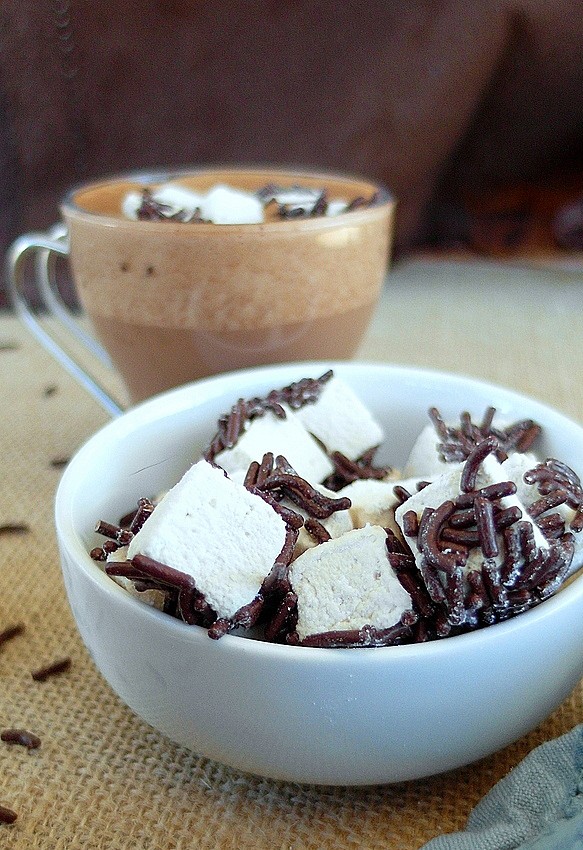 A small white bowl is in the front of the shot with mini marshmallows with a coating of chocolate jimmies. Behind this bowl is a clear glass mug with hot chocolate custard in it and a sprinkle of chocolate jimmies on top. Both are placed on a burlap runner.