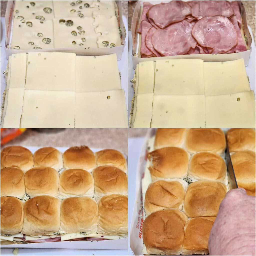 A collage of 4 images: 1)A flat of 12 rolls cut in half horizontally with Swiss cheese laid out evenly over each cut half. 2)Deli ham evenly piled onto one half of the flat of rolls. 3)The ham-and-cheese filled rolls with the tops put back on and back in their white paper box they cam in. 4)A hand holding a bread knife and slicing down between each ham biscuit.