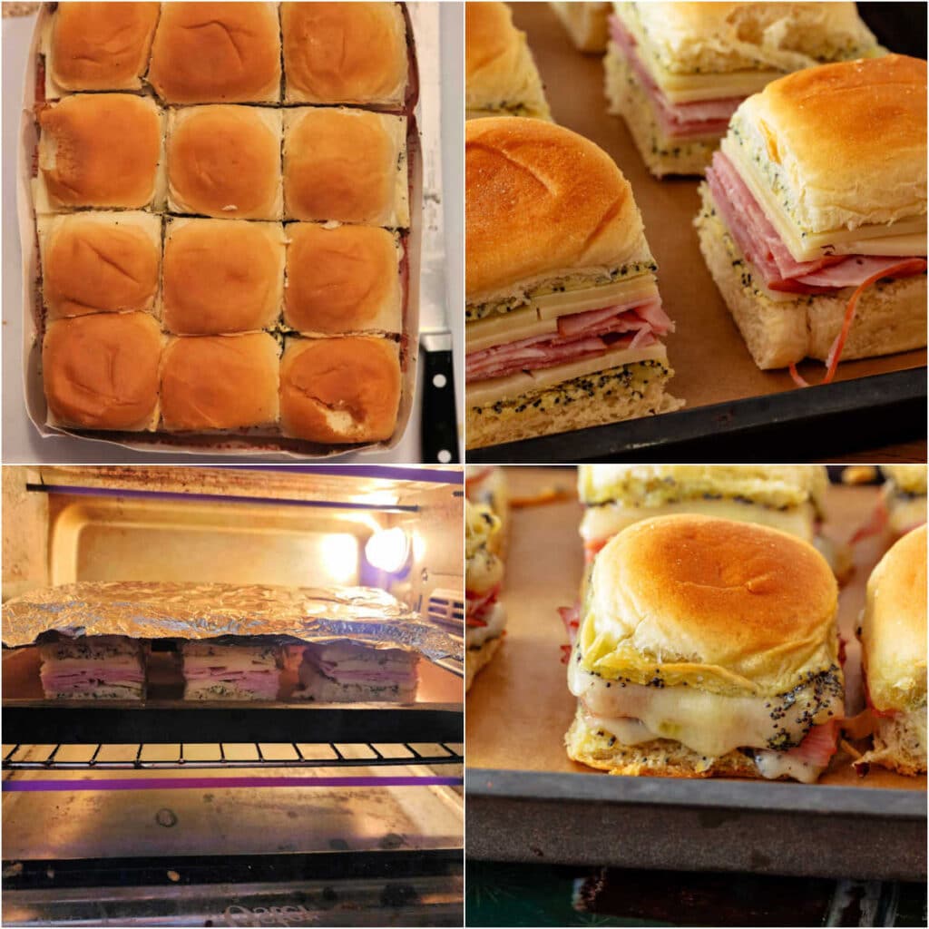 A collage of 4 images: 1)An overhead shot of a tray of rolls that are all cut apart yet still in their paper container. 2)A small baking tray covered with parchment with unbaked ham and cheese sliders on it. The cut rolls show layers of poppy seed spread, Swiss cheese, and ham. 3)The tray of rolls on a rack in a toaster oven with a piece of foil over the tops. 4)A closeup shot of a ham biscuit with cheese melting down the sides.