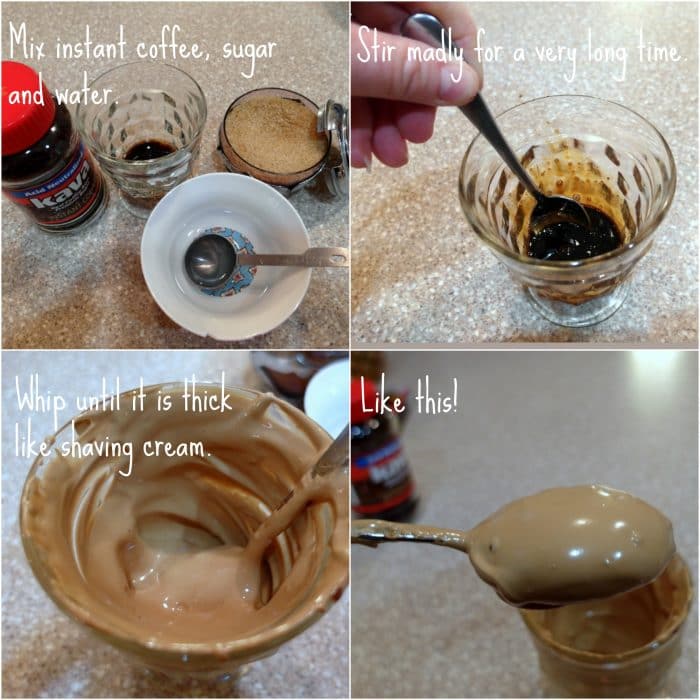 A collage of 4 images showing how to make beaten coffee with a metal spoon. Text on first picture reads: "Mix instant coffee, sugar and water." Second picture text reads: "Stir madly for a very long time." Third photo text reads: "Whip until it is thick like shaving cream." and Fourth picture text says: "Like this!".