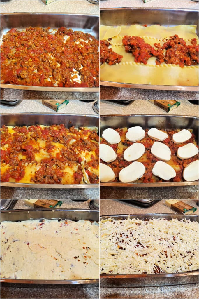 A collage of 6 images showing laying lasagna layers in a pan.