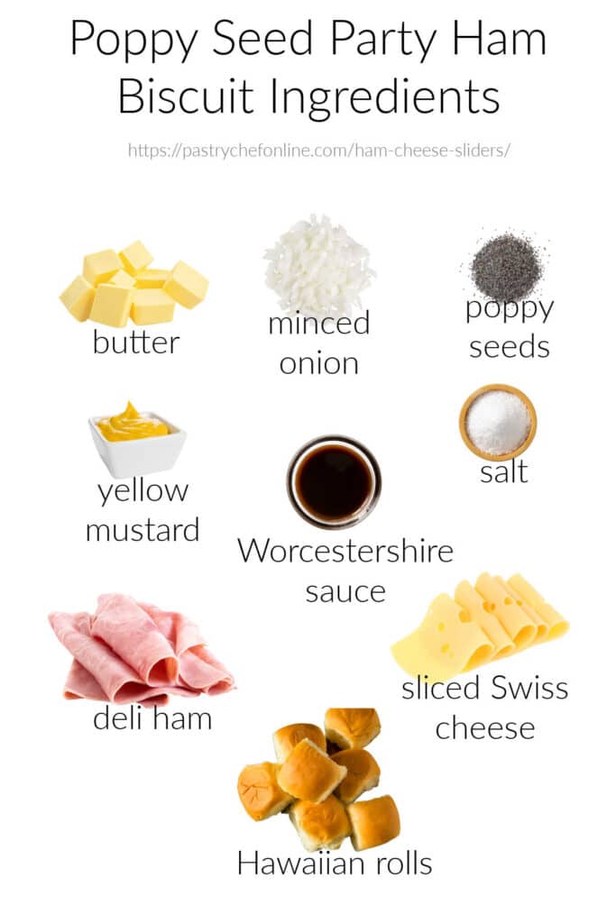 All the ingredients needed to make party ham biscuits: butter, minced onion, poppy seeds, yellow mustard, Worcstershire sauce, salt, deli ham, sliced Swiss cheese, and King's Hawaiian rolls.