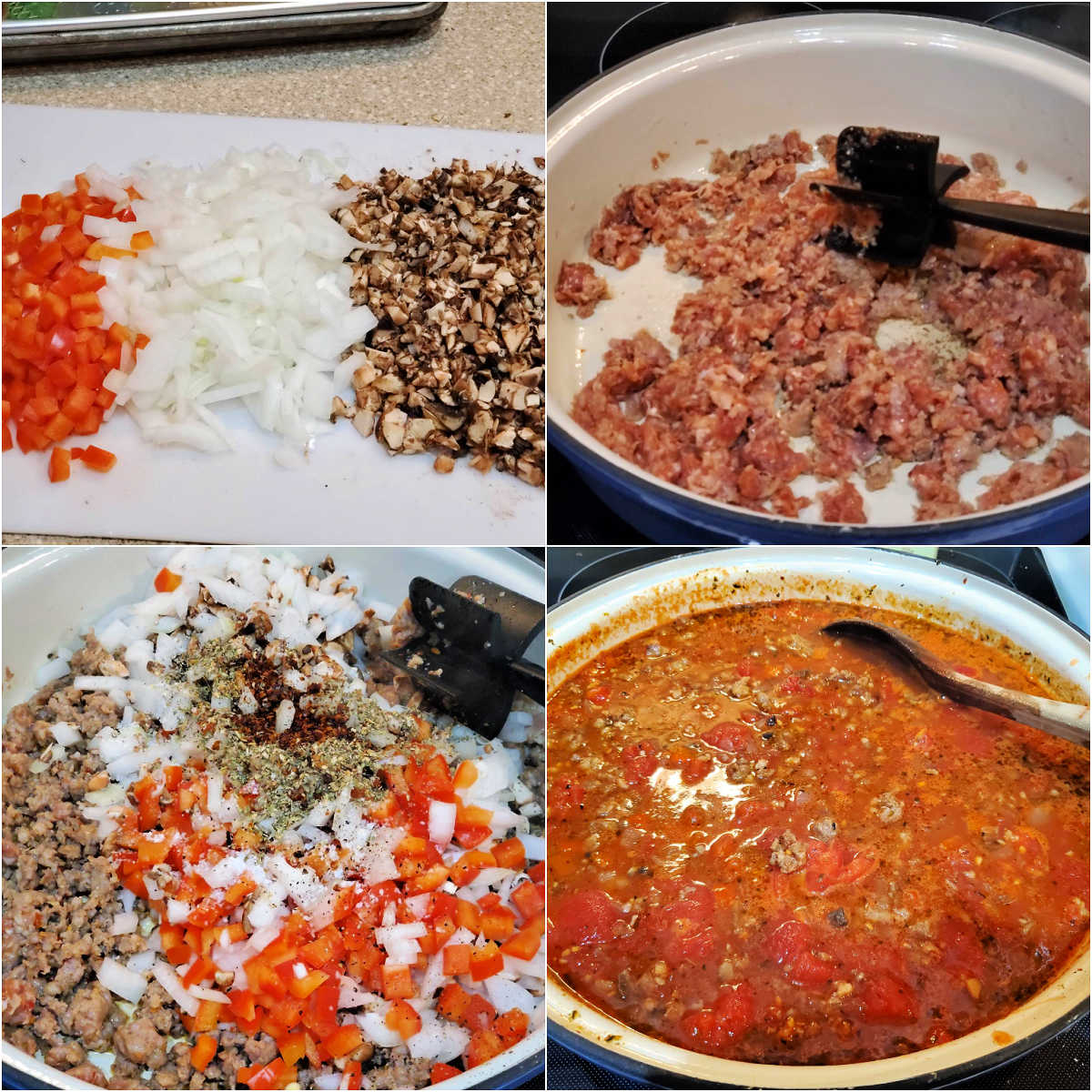 A collage of four images showing chopped red pepper, onions, and mushrooms, bulk sausage being cooked in a pan, adding the chopped vegetables and spices to the pan, and the sauce with tomatoes in it simmering on the stove.