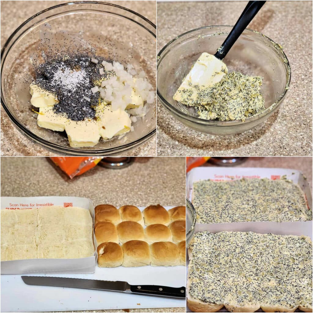 A collage of four images: 1)cubed butter, poppy seeds, salt, and other ingredients in a glass bowl. 2)All the ingredients in the glass bowl mixed evenly with a silicone spatula. 3)A flat of 12 rolls but in half horizontally. 4)Both sides of the cut rolls spread thoroughly and completely with a thin layer of the butter-poppy seed mixture.