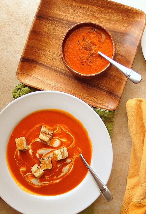 Cajun Spiced Tomato Soup (with Grilled Cheese and Bacon Croutons)