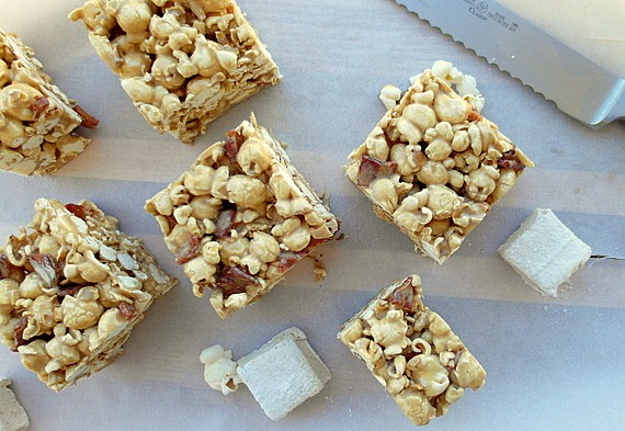 Squares of popcorn treats with homemade marshmallows.