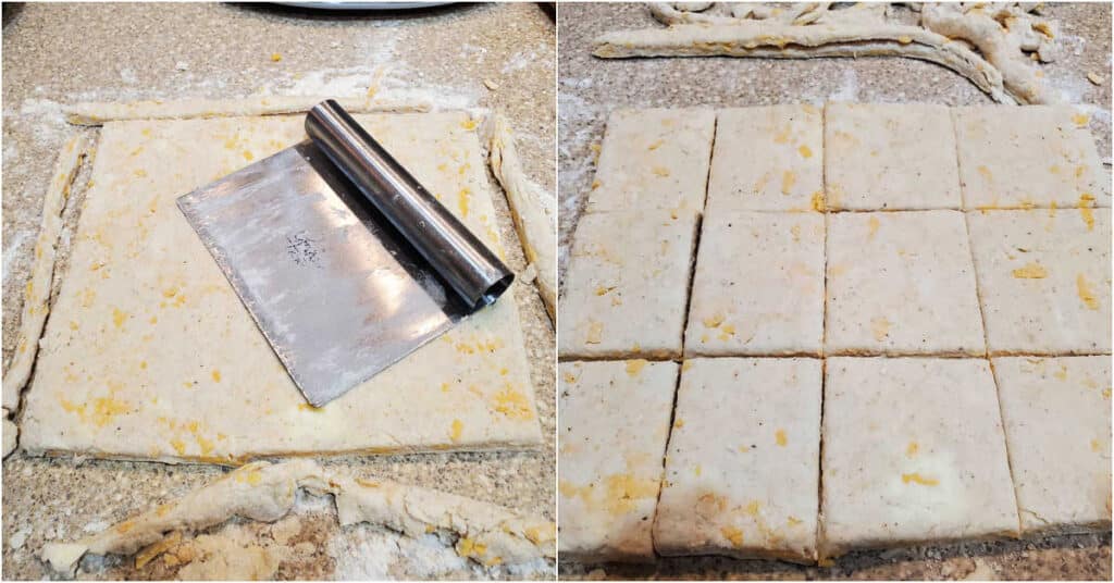 A collage of 2 images, one showing a square of dough with the rough edges cut off with a bench knife. The other shows the dough cut into 12 pieces.