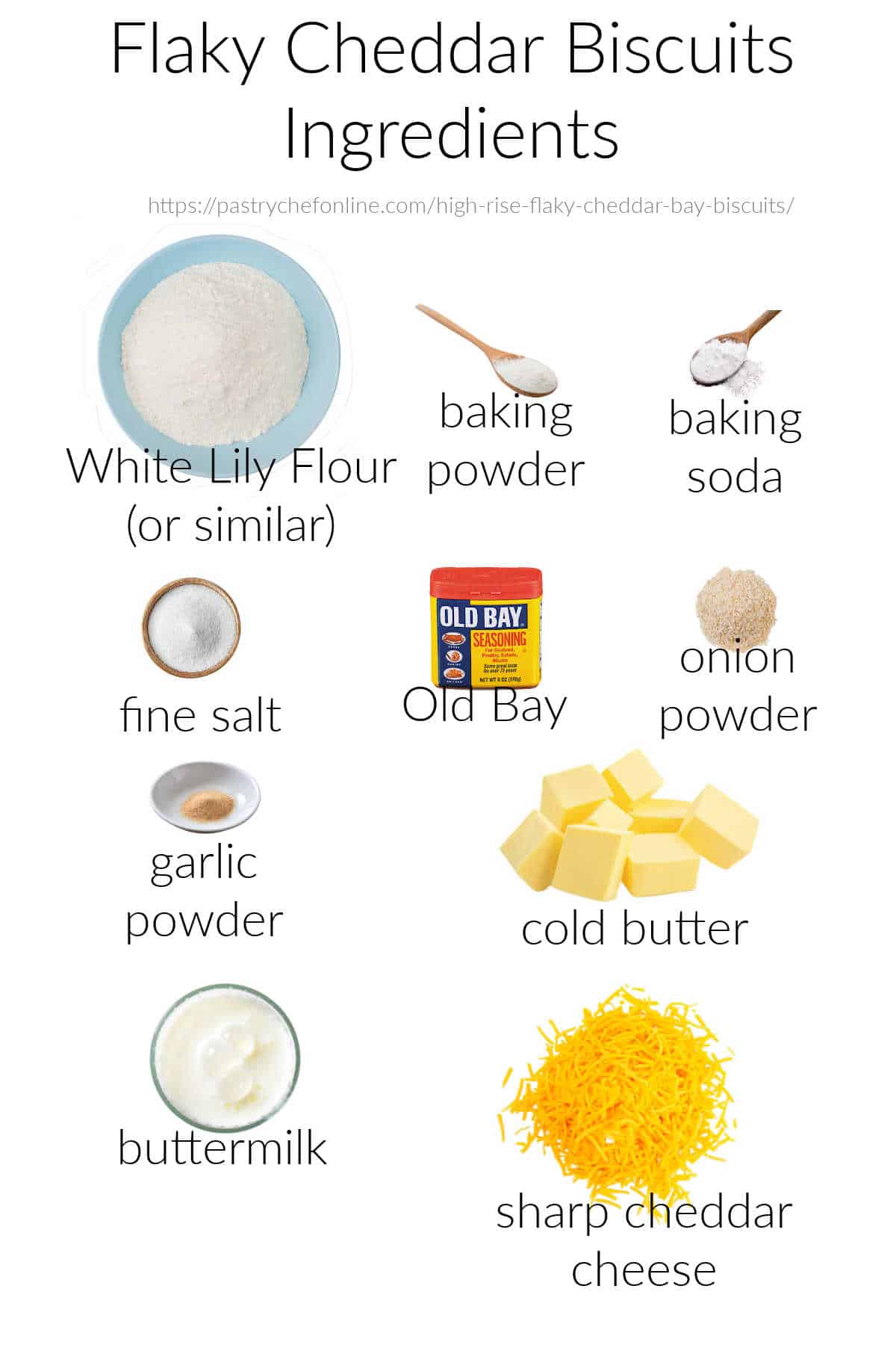 A collage of all the ingredients you'll need to make flaky cheese biscuits.