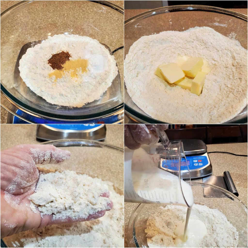 A collage of 4 images showing how to make the dough for cheese biscuits: adding spices and leavening to the flour, adding cold butter, a handful of dough showing the texture after rubbing the butter in, and pouring buttermilk into the flour/butter mixture.