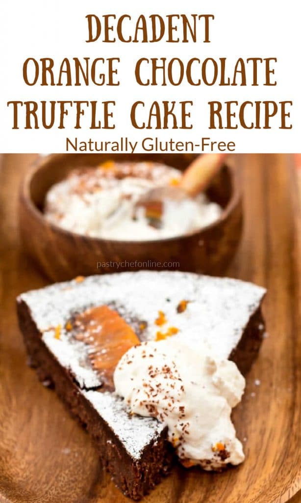piece of gluten free chocolate cake text reads "decadent orange chocolate truffle cake recipe, naturally gluten-free"