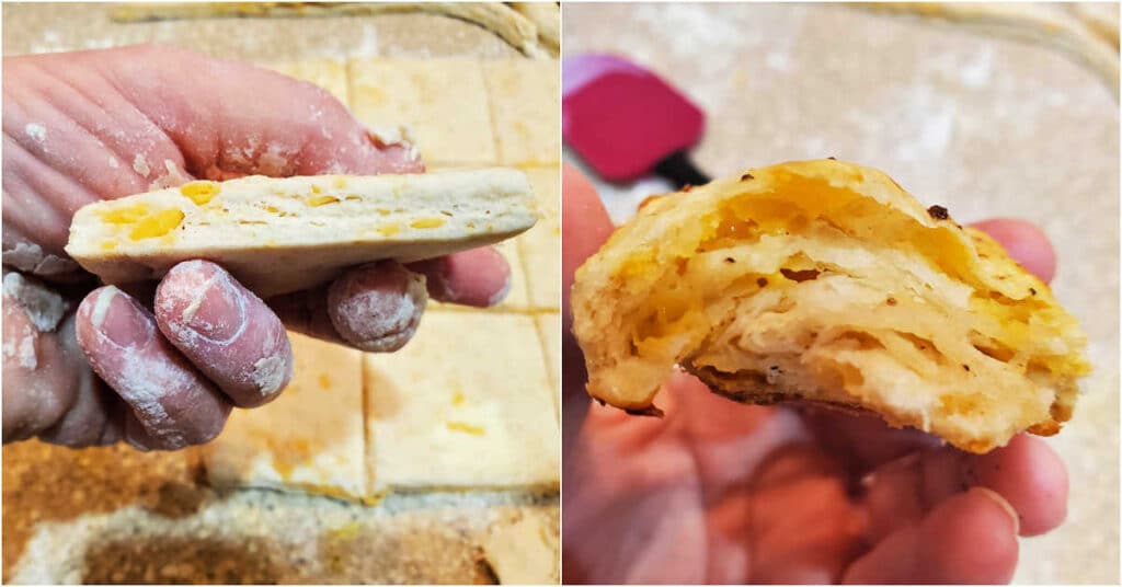 A collage of 2 images, one showing a cut biscuit before baking and the other showing a cut biscuit after baking.