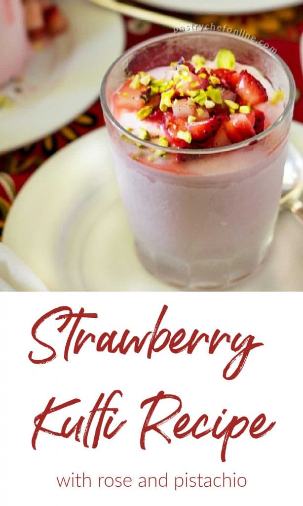 strawberry kulfi text reads "strawberry kulfi recipe with rose and pistachio"