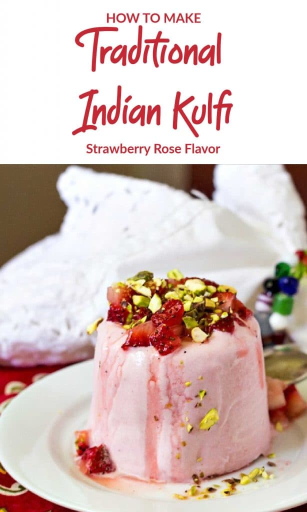 kulfi on a white plate text reads "how to make traditional indian kulfi strawberry rose flavor"