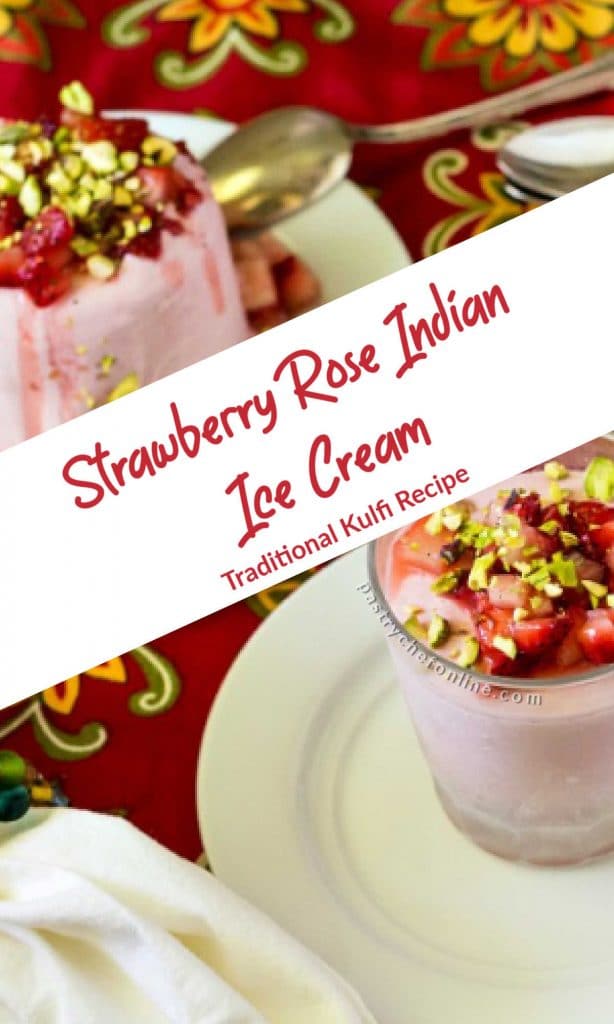 2 kulfi on plates text reads "strawberry rose indian ice cream traditional kulfi recipe"