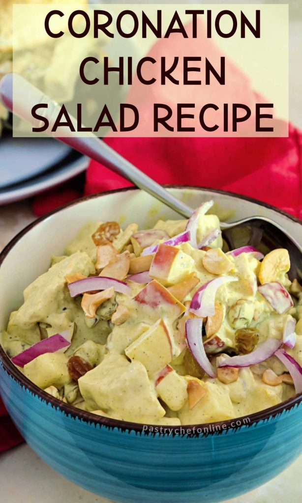 bowl of chicken salad text reads "coronation chicken salad recipe"