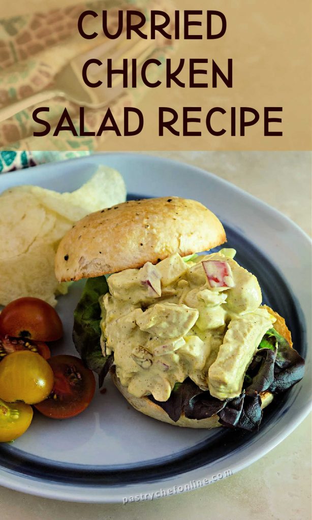 chicken salad sandwich text reads "curried chicken salad recipe"
