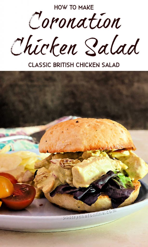 chicken salad sandwich on a bun text reads how to make coronation chicken salad classic british chicken salad"