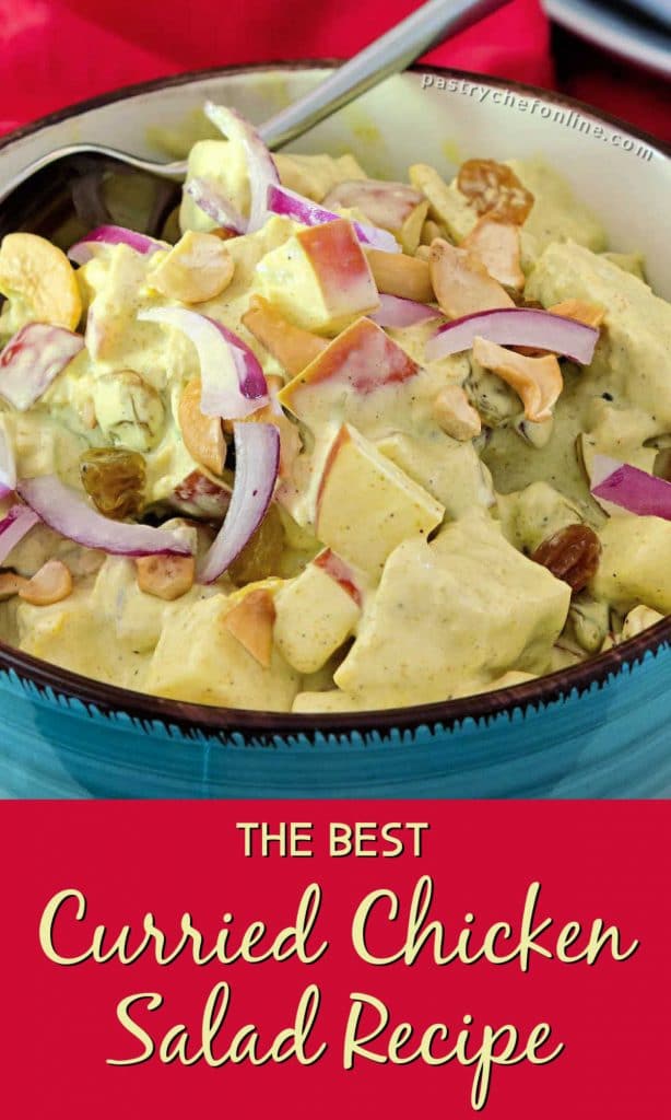bowl of curried chicken salad text reads "the best curried chicken salad recipe"
