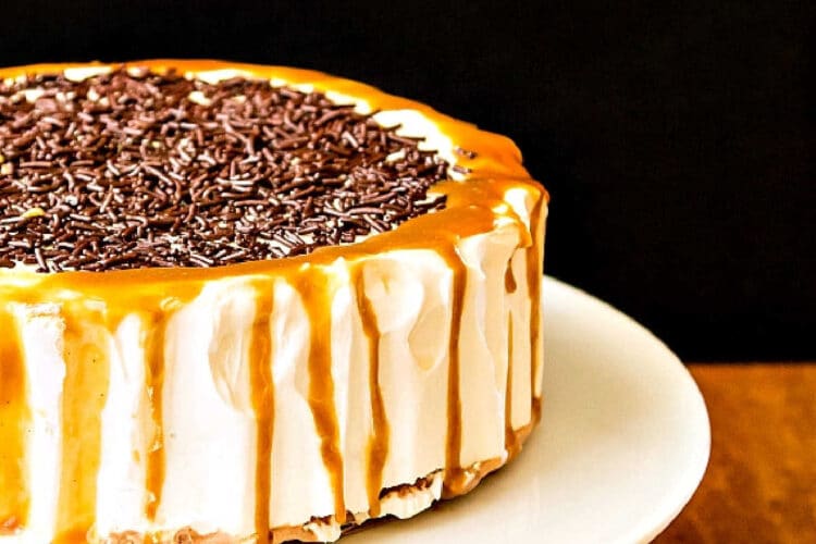An ice cream cake with caramel sauce dripping down the sides and real chocolate sprinkles on top.