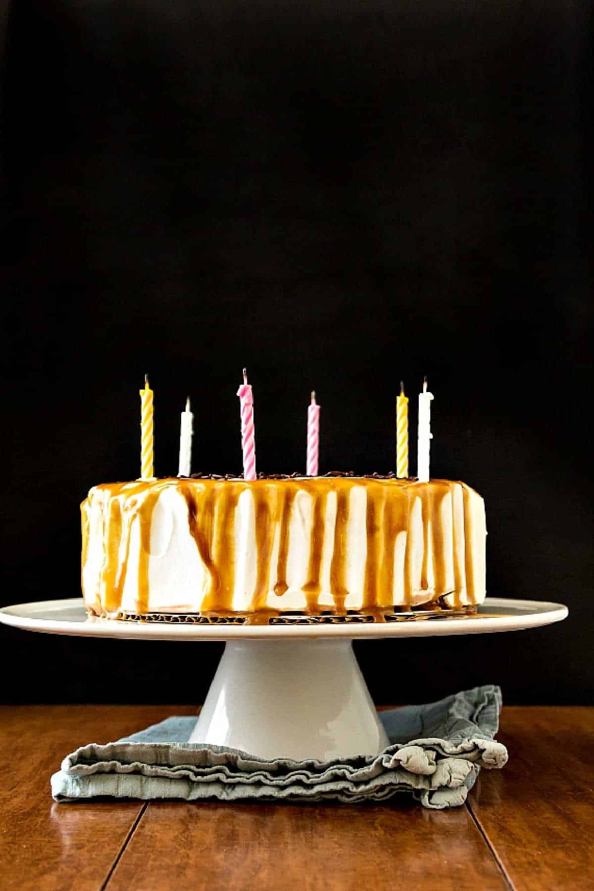 An ice cream cake with birthday candles in it.