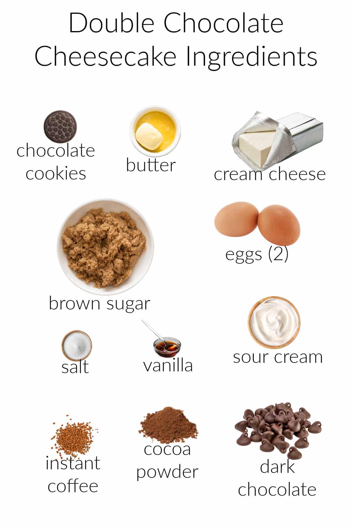 A collage of all the ingredients needed to make a double chocolate cheesecake.