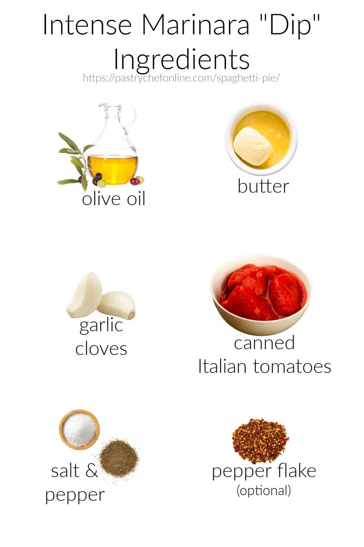 The ingredients for making marinara sauce for bucaitini pie; olive oil, butter, garlic, canned Italian tomatoes, salt & pepper, and pepper flake.