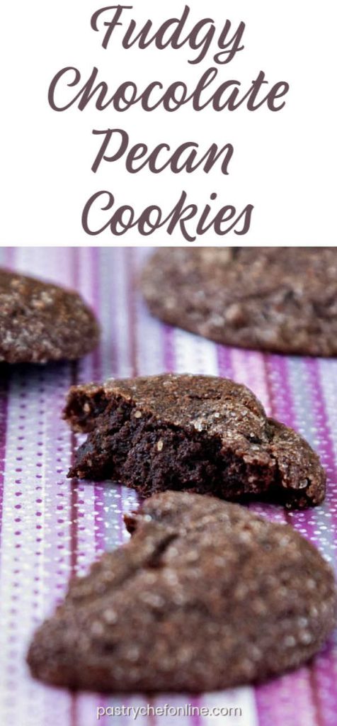 chocolate cookies on a purple background. text reads "fudgy chocolate pecan cookies: