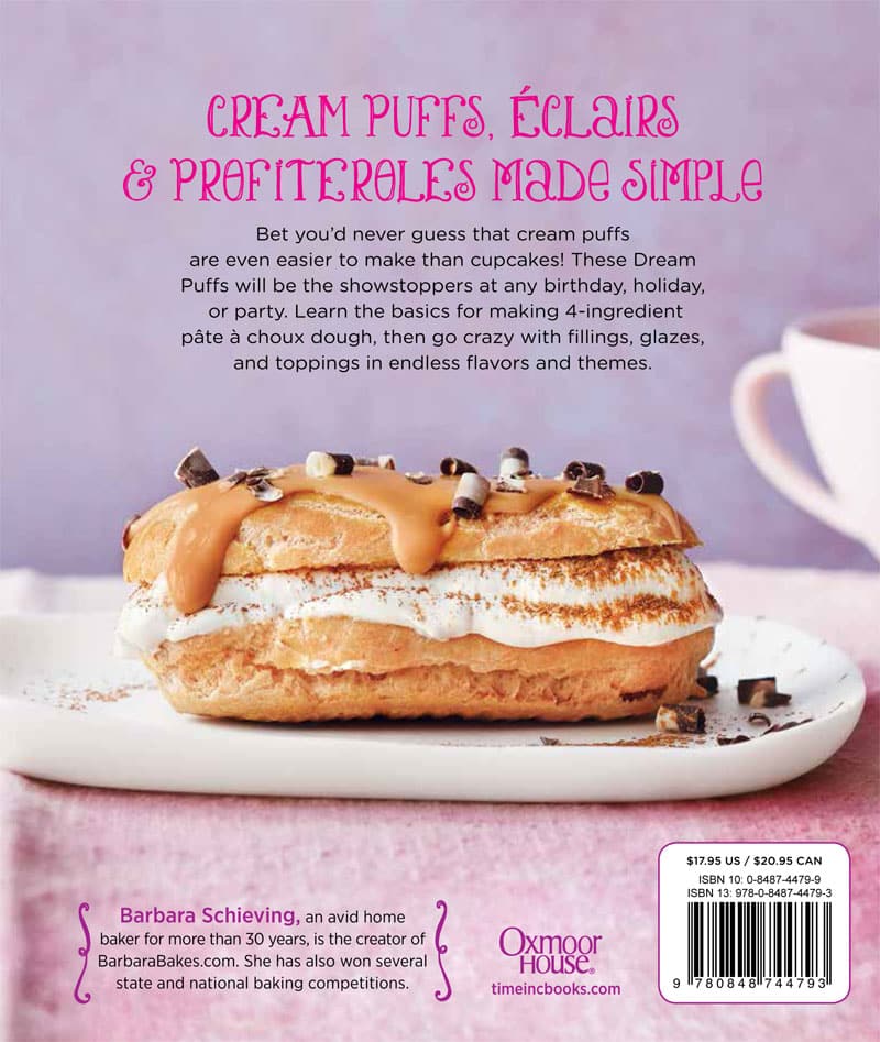 The back cover of the cookbook Simple Sweet Dream Puffs with text and one eclair on a white plate.